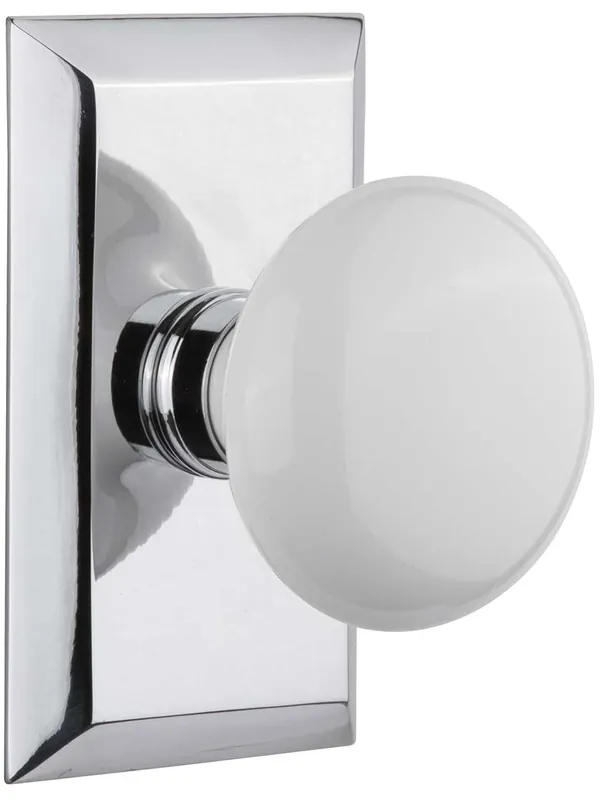 Exclusive Offer New York Rosette Door Set with White Porcelain Knobs - Polished Chrome - Passage - 2 3/4