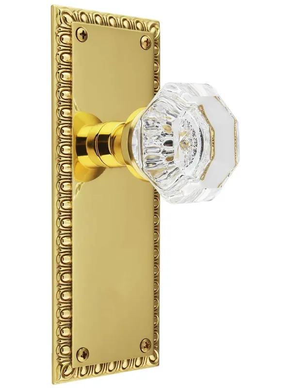 Clearance Ovolo Door Set with Waldorf Crystal Glass Knobs - Un-Lacquered Brass - Passage - 2 3/4