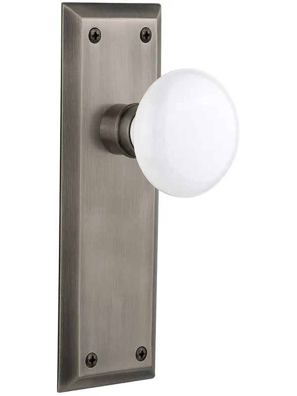 New York Door Set with White Porcelain Knobs - Antique Pewter - Passage - 2 3/4 Top Pick