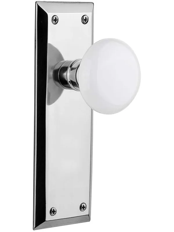 New York Door Set with White Porcelain Knobs - Polished Chrome - Privacy - 2 3/8 Save Now