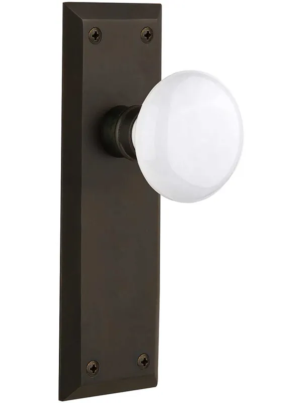 New York Door Set with White Porcelain Knobs - Oil-Rubbed Bronze - Privacy - 2 3/4 Crafted